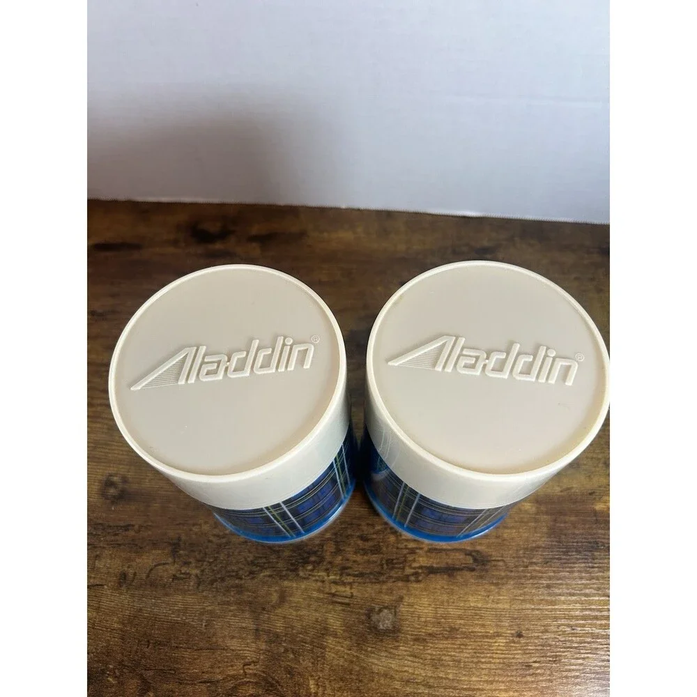 Vintage Aladdin Best Buy Blue Plaid Pint Wide Mouth Thermos Bottle USA Lot of 2